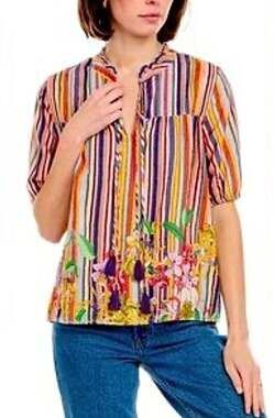 Johnny Was Aldrich Stripe Blouse Size L NWT Rainbow Floral Boho Tassel